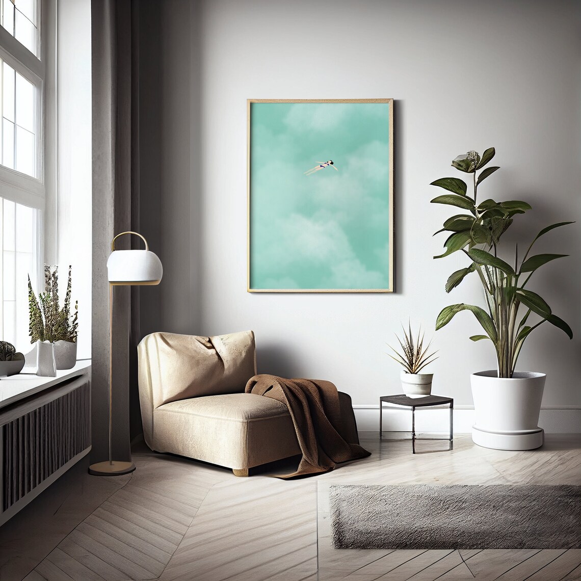 Woman Floating In Clouds Summer Beach Art Print - Image 2
