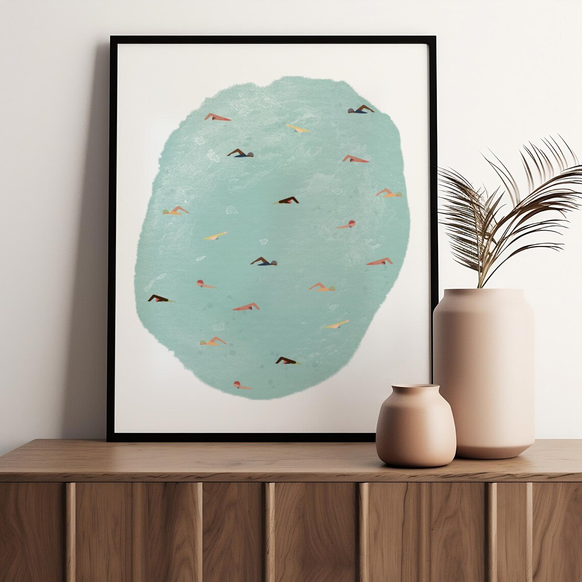 Tiny Swimmers In Teal Water Abstract Aerial Pool Painting Art Poster - Image 4