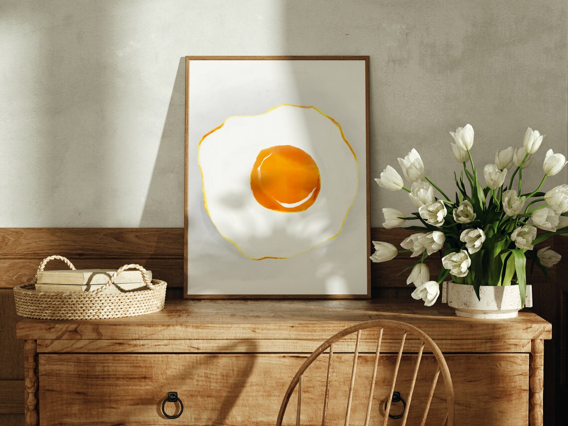 Sunnyside Up Egg Art Cute Kitchen Food Decor Watercolor Fried Egg Print Instant Wall Art - Image 3