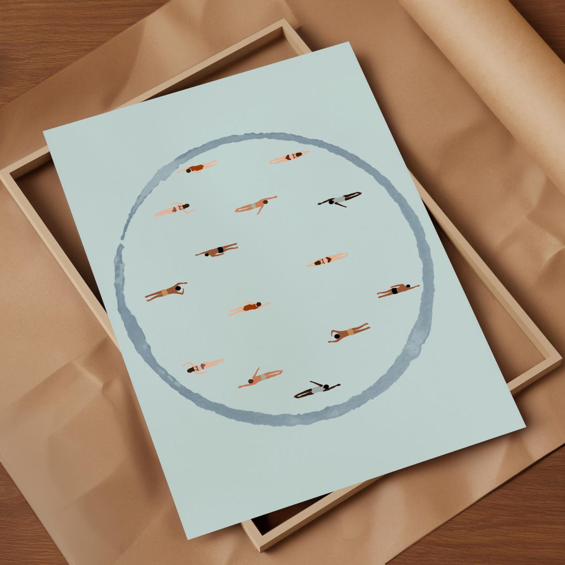 Tiny Swimmers Circle Minimalist Blue Water People Art Poster - Image 3