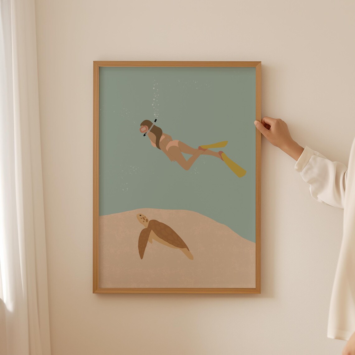 Woman Diving With Sea Turtle, Minimalist Art Print