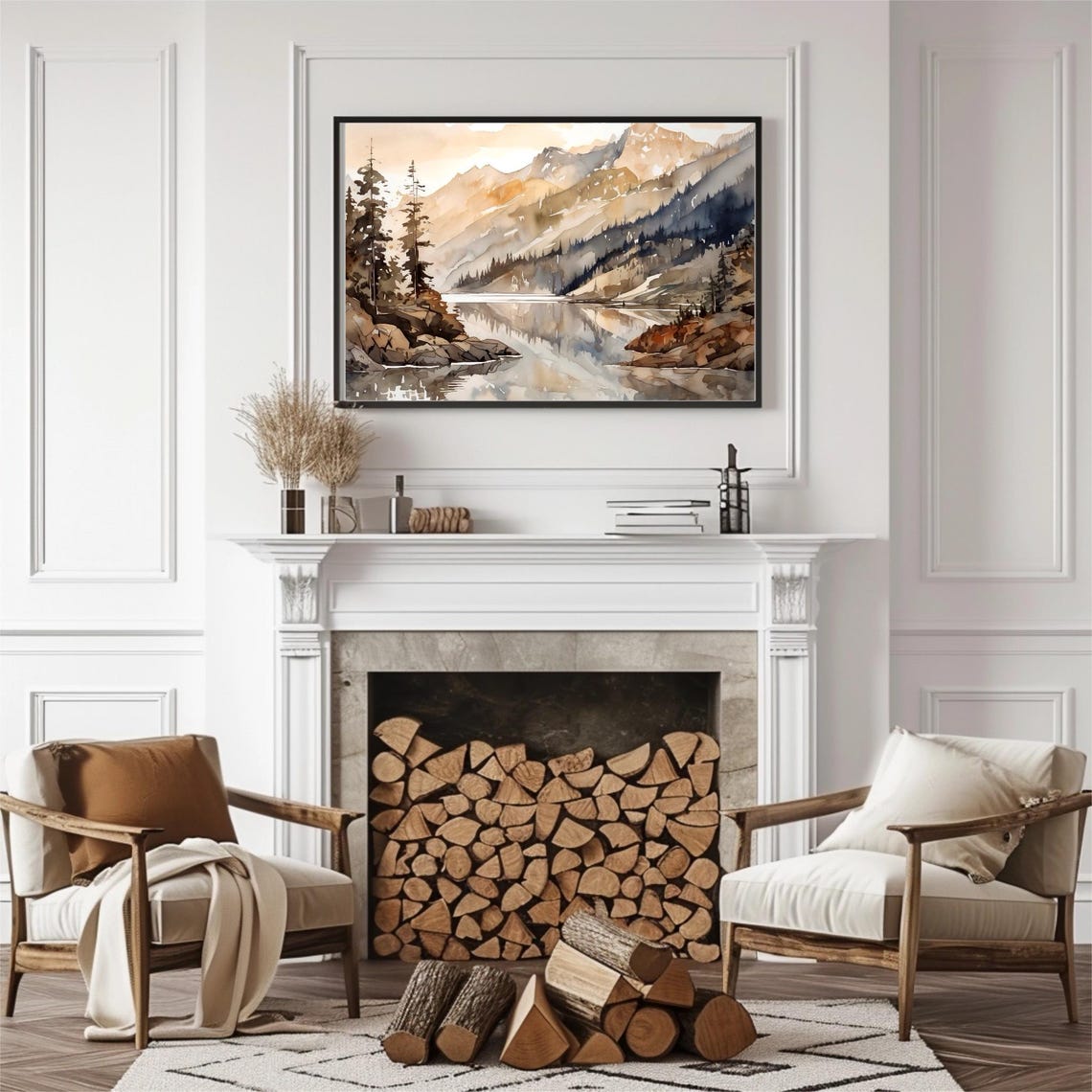 Mountain Lake Reflection with Snowy Mountain Peaks Watercolor Poster - Image 4