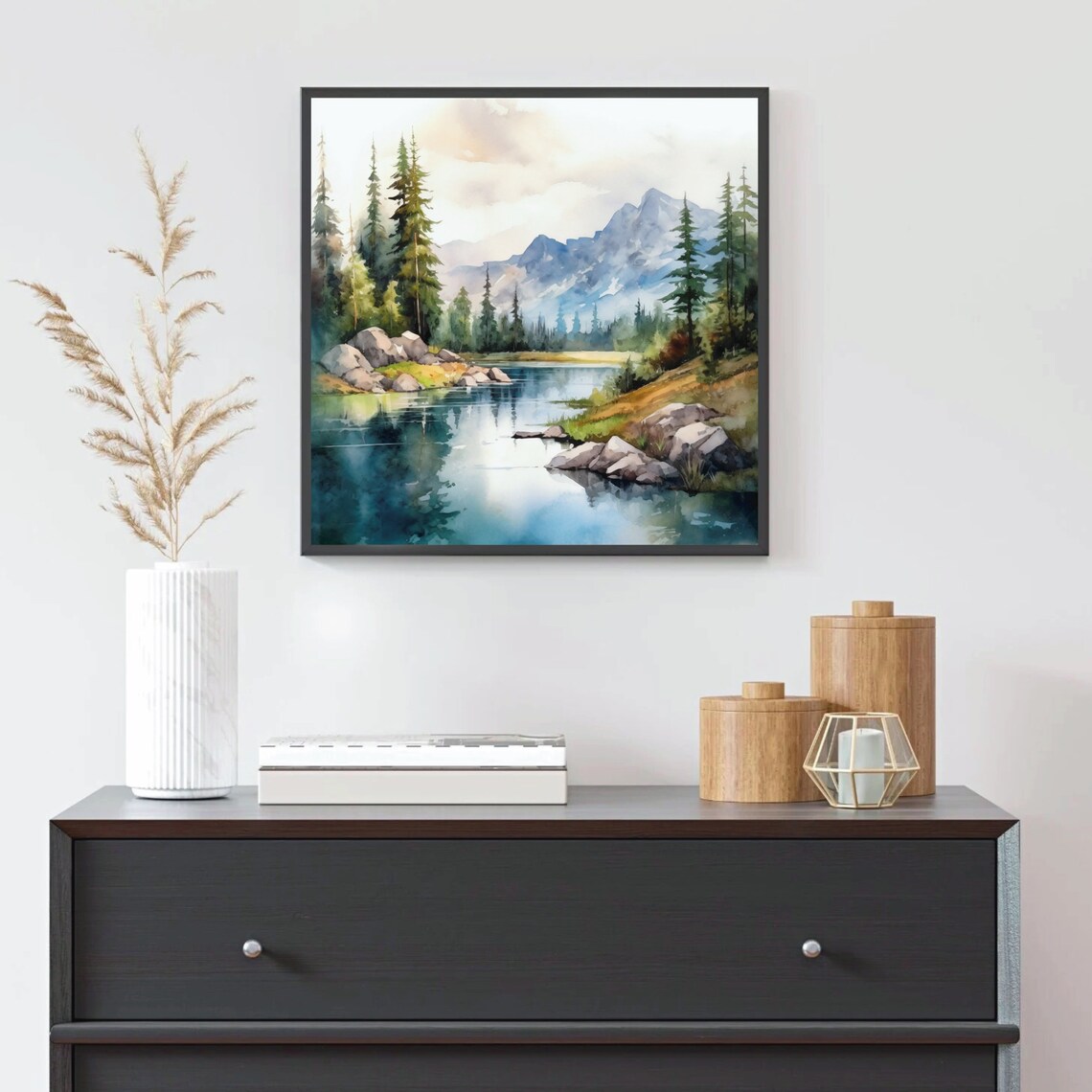 Calm Forest Lake Reflections Pine Trees Rocky Shores Watercolor Poster - Image 2
