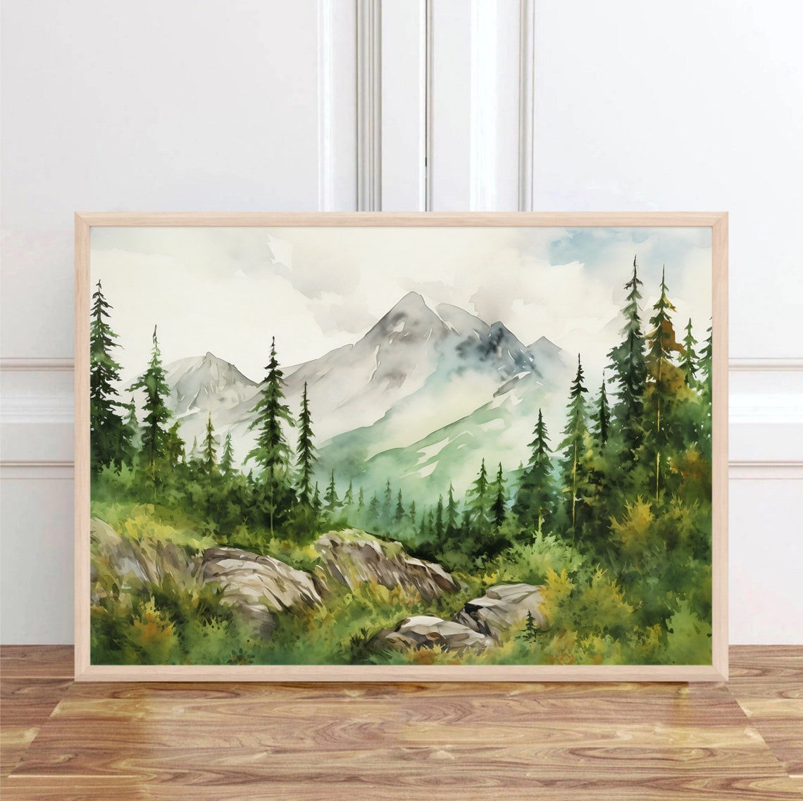 Green Pine Forest Mountain Backdrop Serene Watercolor Art Poster - Image 2