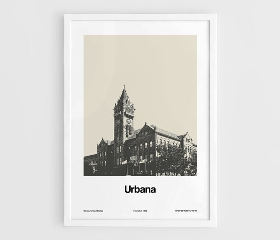 Urbana Illinois Minimalist Travel Poster, Black White