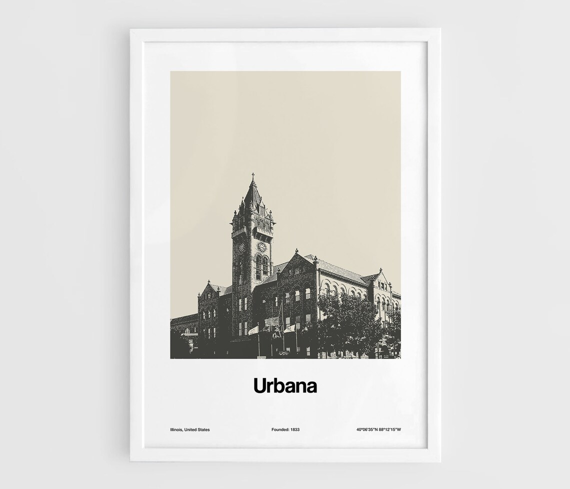 Urbana Illinois Minimalist Travel Poster, Black White