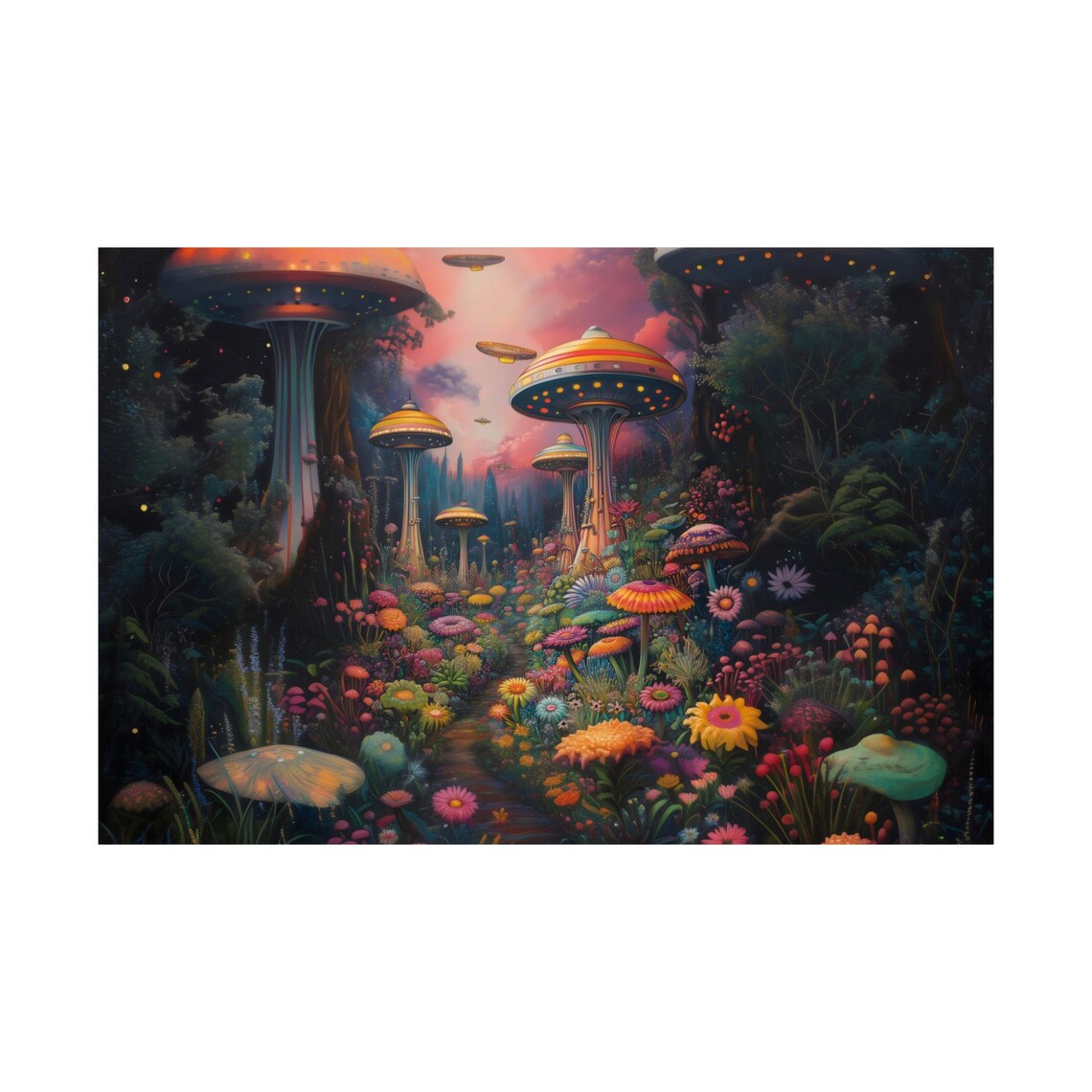 Giant Mushroom Towers and UFOs Over Glowing Flower Garden Poster - Image 3