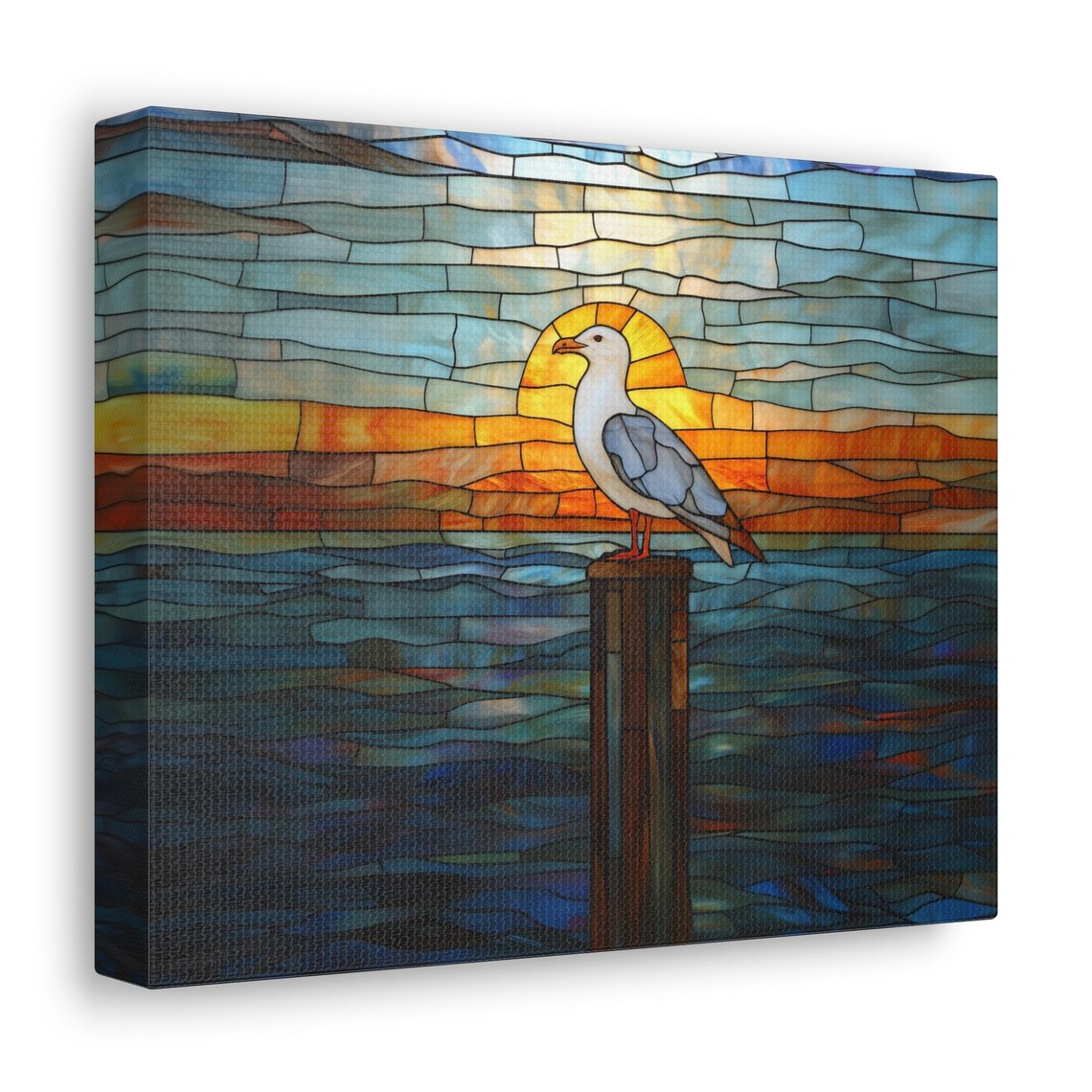 Stained Glass Seagull Sunset Ocean Piling Coastal Bird Decor Poster