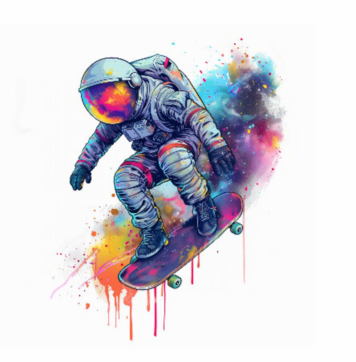 Galaxy Helmet Astronaut Skateboarding Watercolor Splash Poster - Image 2