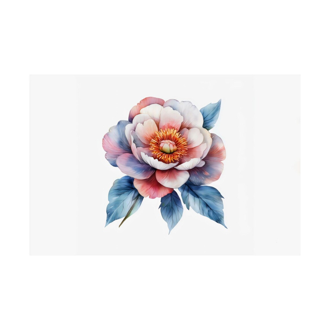 Blush Pink Peony Watercolor Orange Center Blue Leaves Poster - Image 3