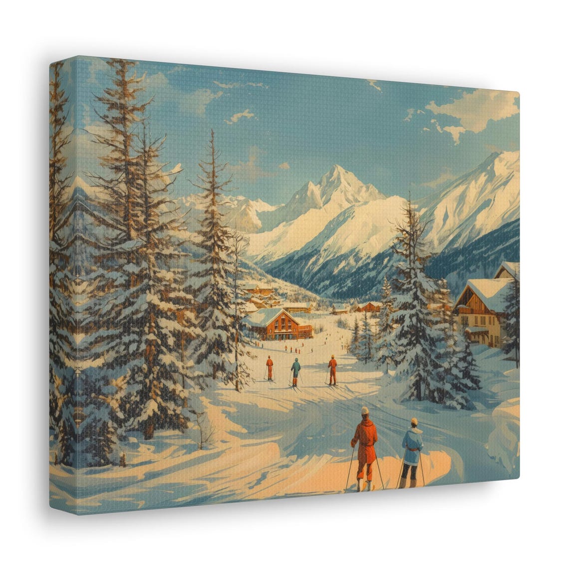 Vintage Alpine Ski Village Scene With Snowy Mountain Peaks Wall Art - Image 2