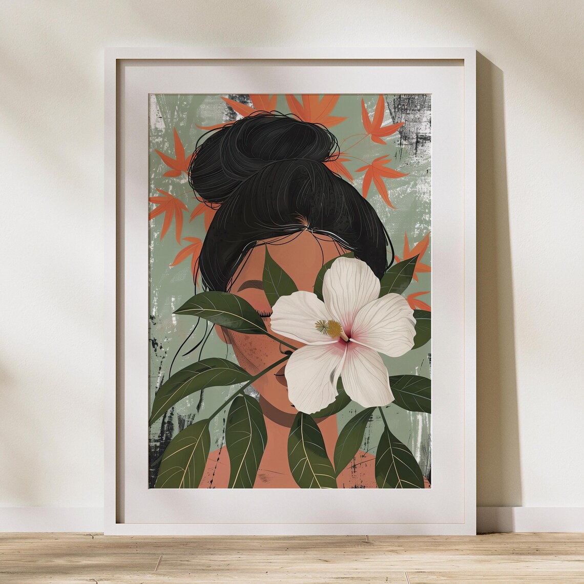 Woman with White Hibiscus Flower Tropical Botanical Portrait Poster - Image 3