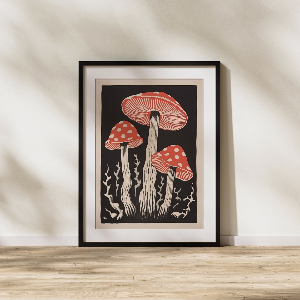 Three Red Fly Agaric Mushrooms on Black Woodcut Style Poster - Image 2