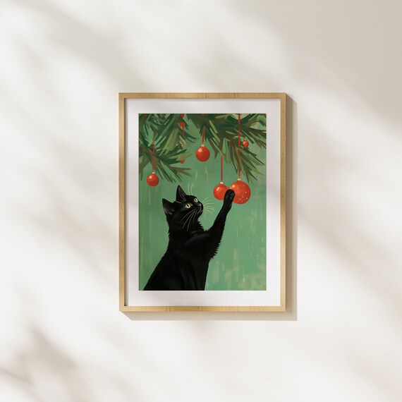 Playful Black Cat Reaching Red Baubles Green Christmas Tree Art Poster