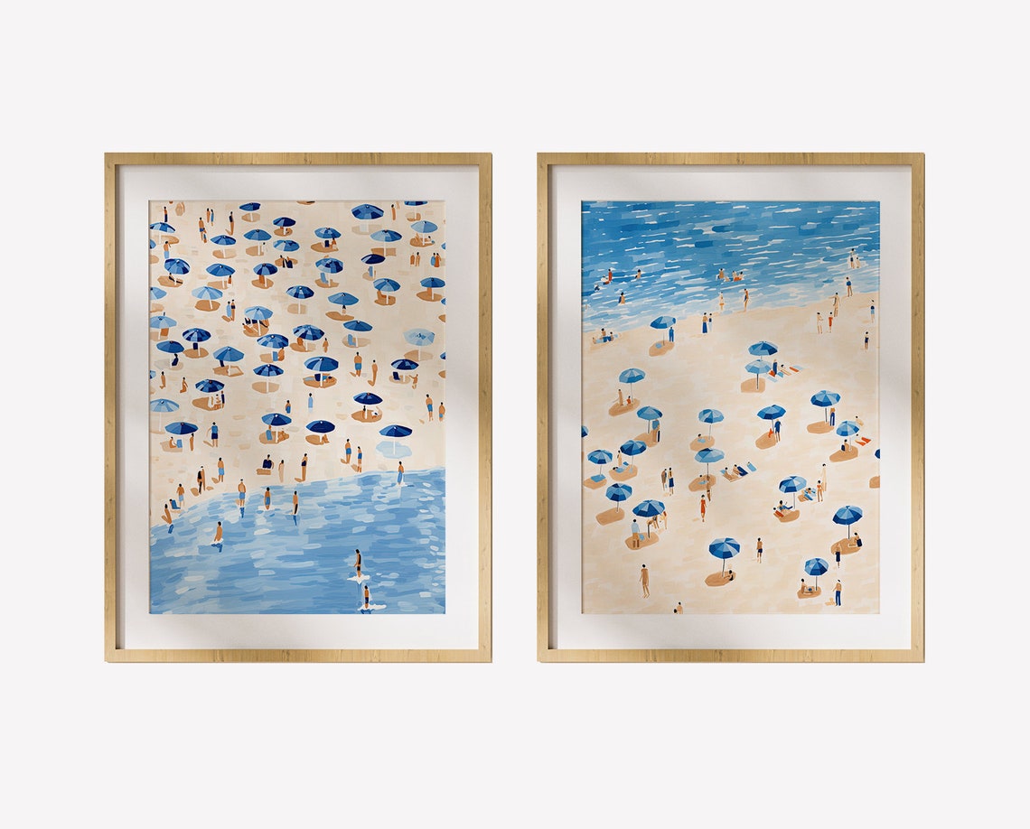Matching Pair of Aerial Beach Scenes with Blue Umbrellas Poster