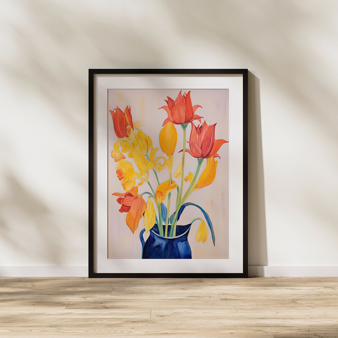 Fiery Tulips And Yellow Blooms In Blue Vase Floral Art Poster - Image 2