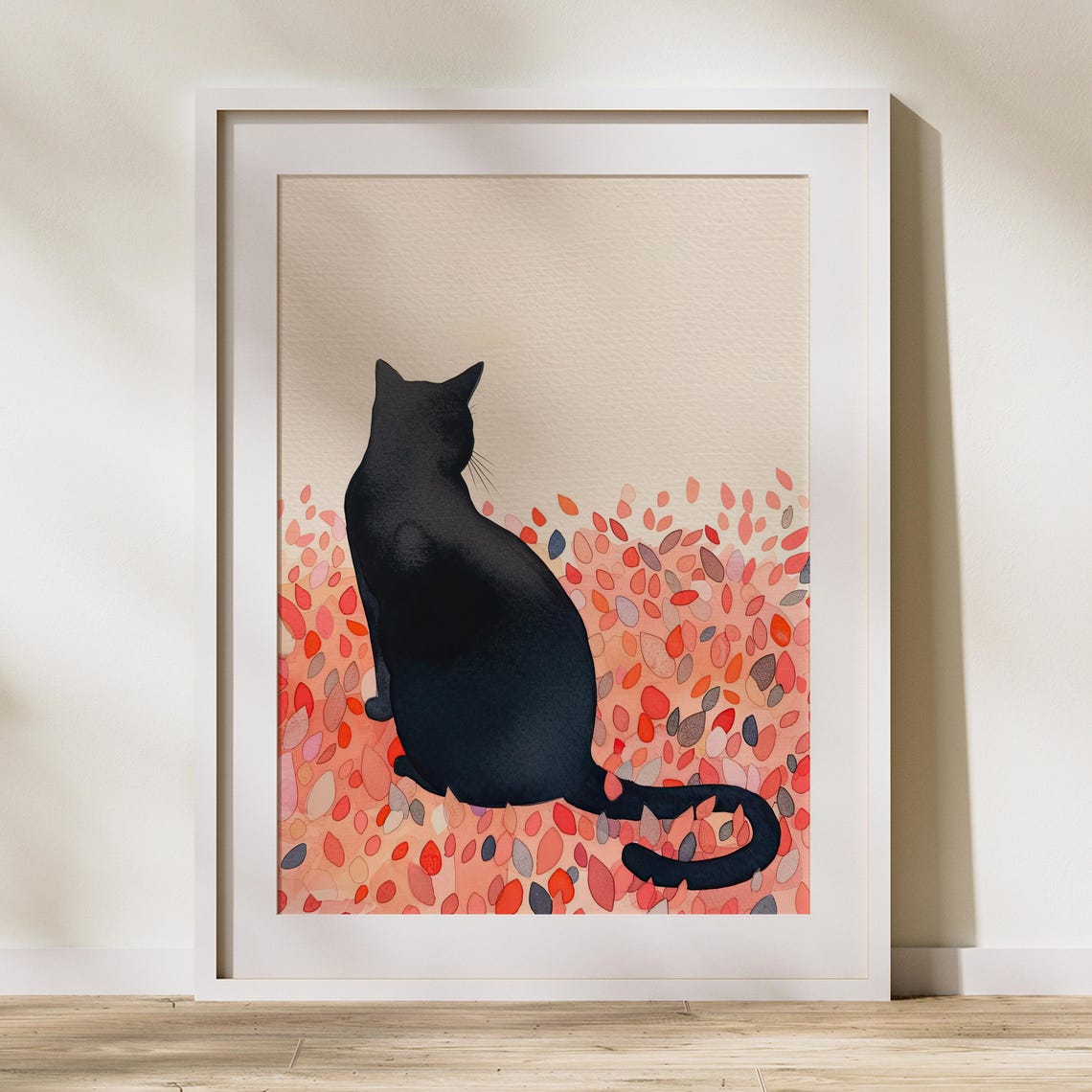 Black Cat Silhouette from Behind in Coral Autumn Leaves Poster - Image 2