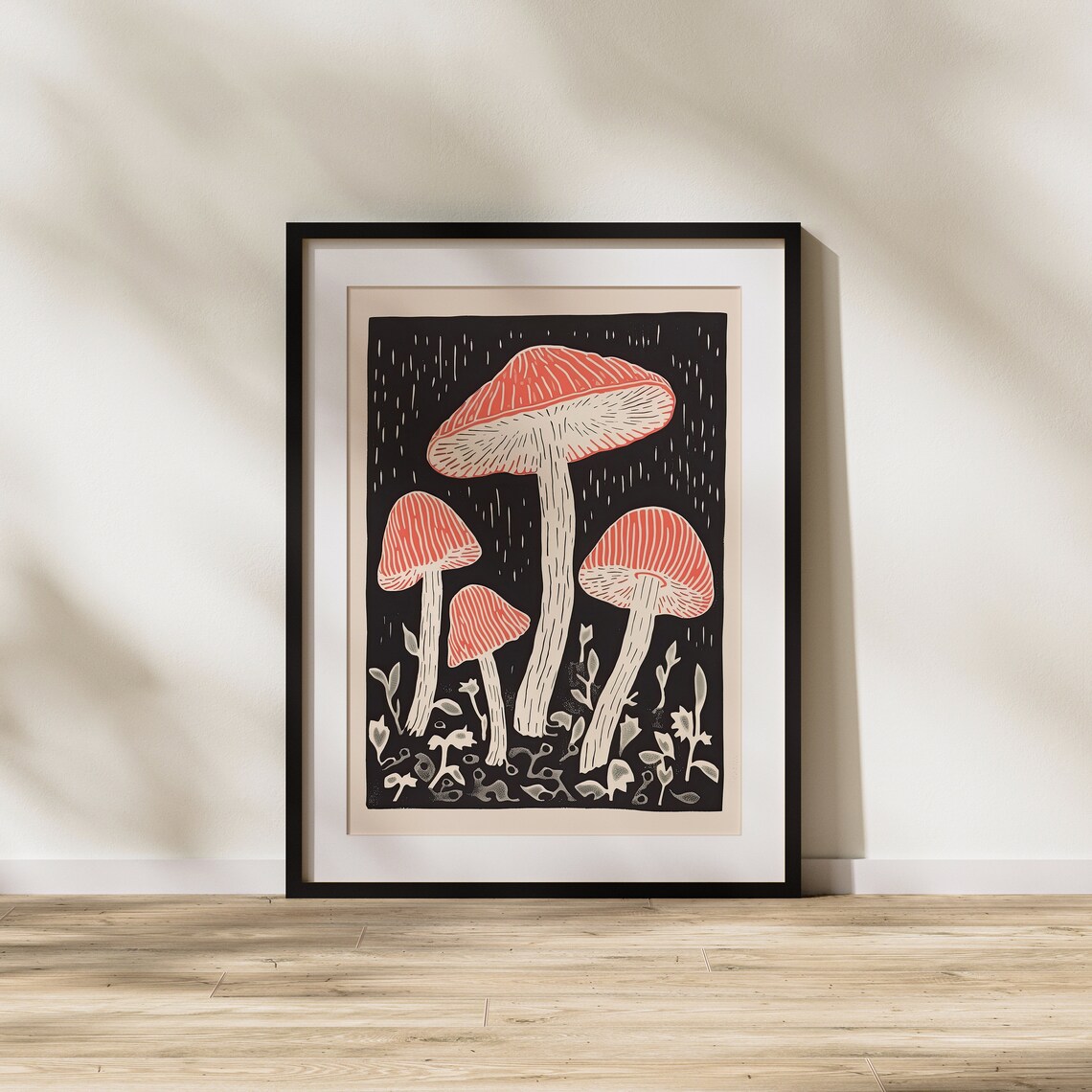 Red Capped Mushrooms In Rain Forest Fungi Woodcut Style Poster - Image 2