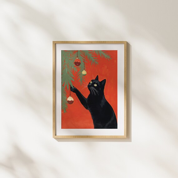 Playful Black Cat Batting Christmas Ornaments On Bold Red Art Poster