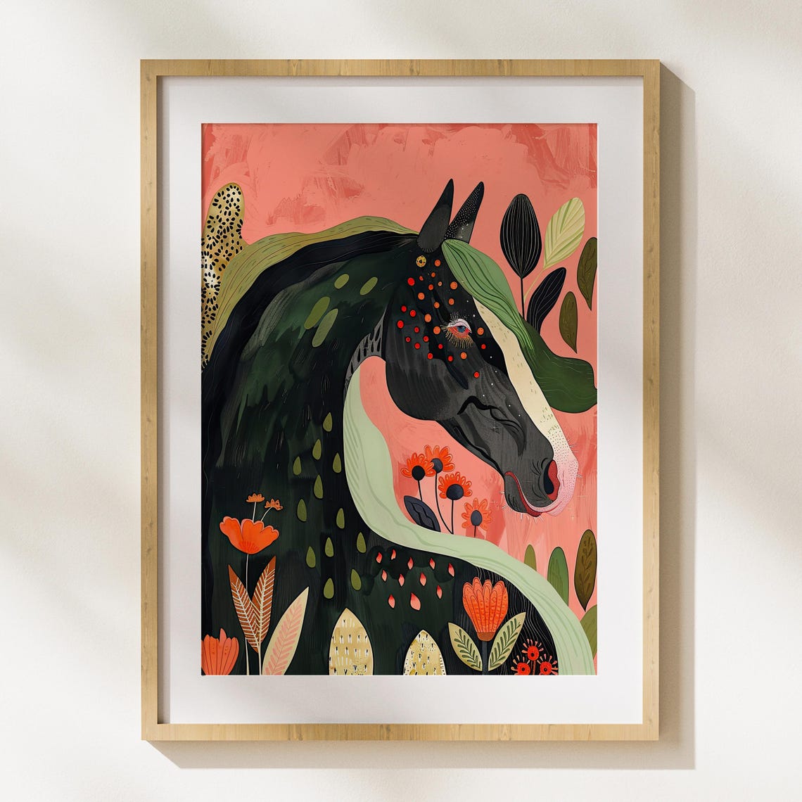 Decorated Black Horse Head With Red Flowers Folk Art Portrait Poster
