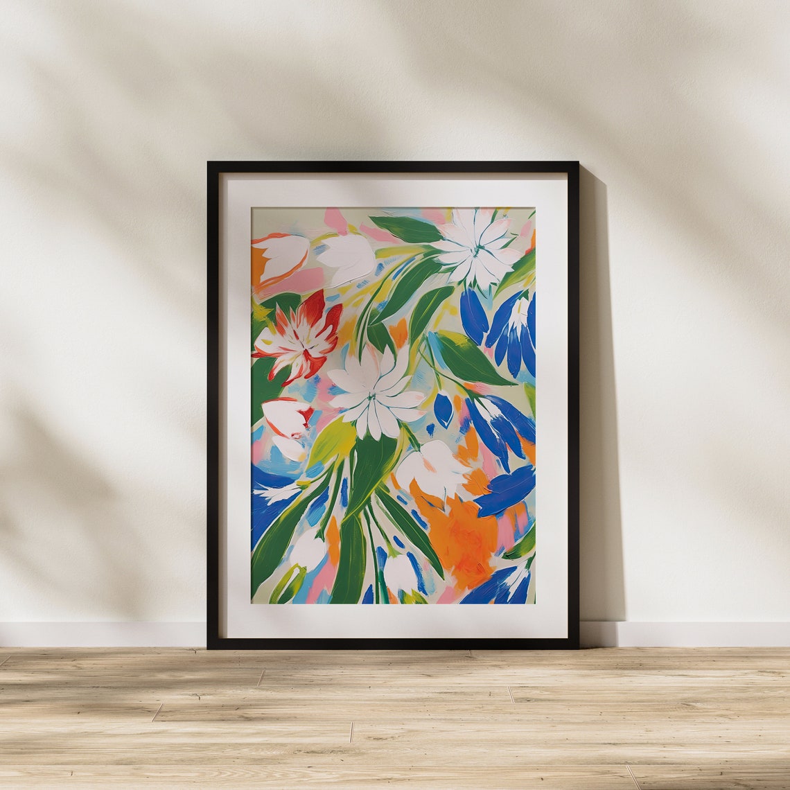 Painterly Botanical Floral Art White Blooms Blue Orange Leaves Poster - Image 2