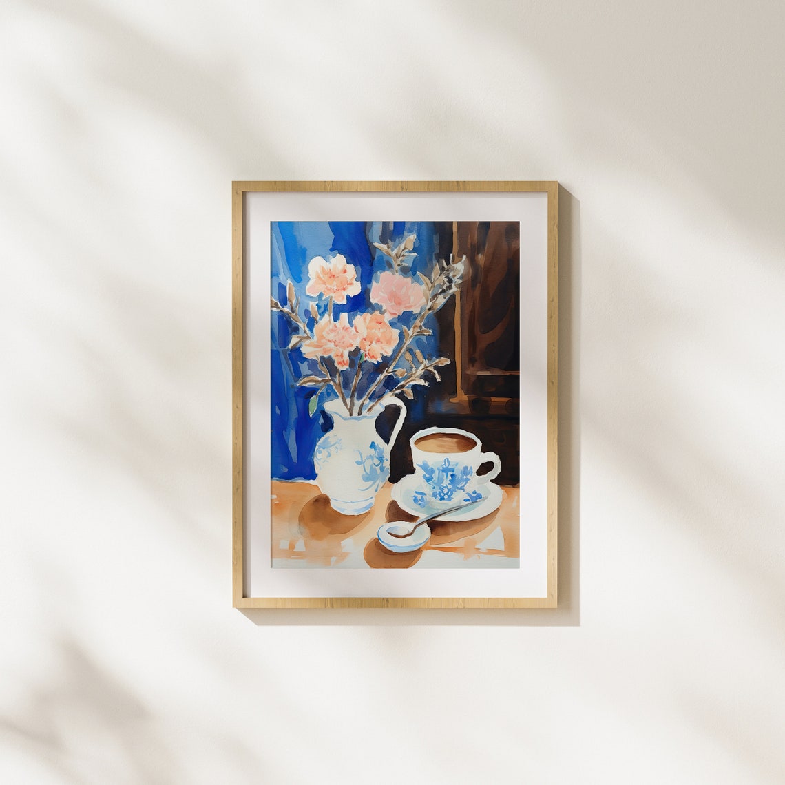 Pink Flowers In Blue Pitcher With Tea Cup Watercolor Still Poster