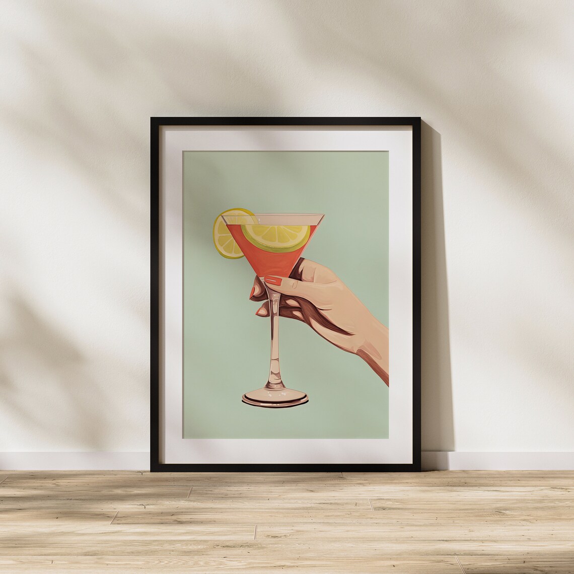 Hand Holding Red Cocktail With Lemon Slice Retro Bar Illustration Poster - Image 2