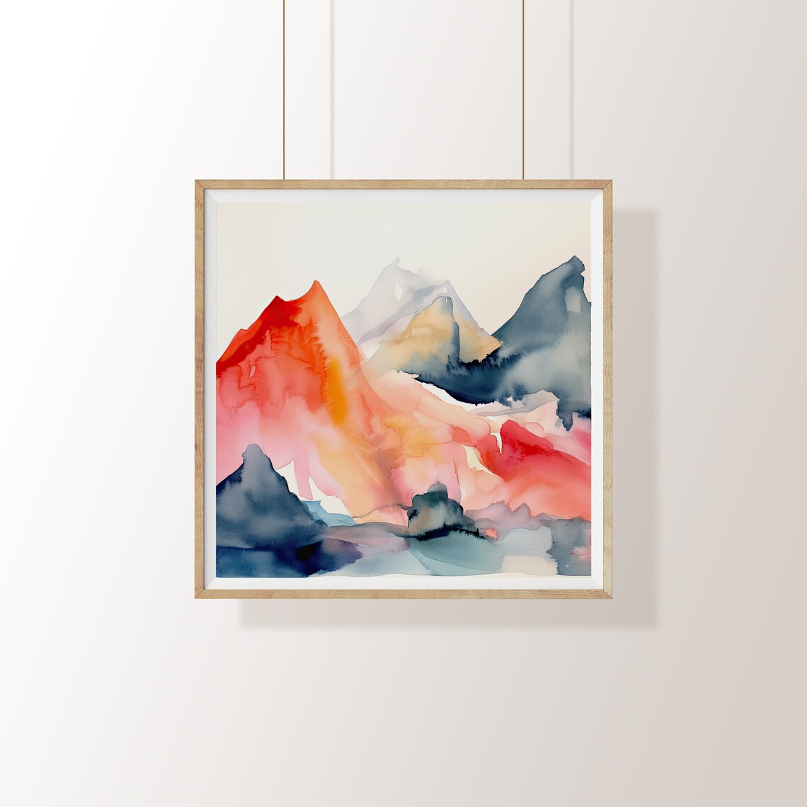Watercolor Mountain Peaks In Coral Red And Misty Blue Wash Poster