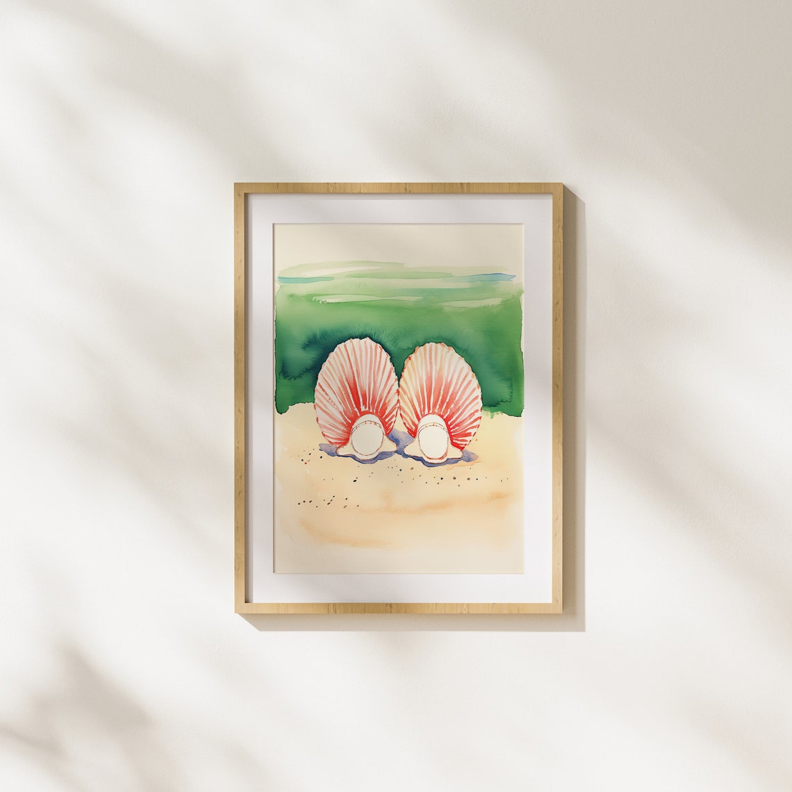 Pair of Red Striped Scallop Shells on Beach Sand Watercolor Poster