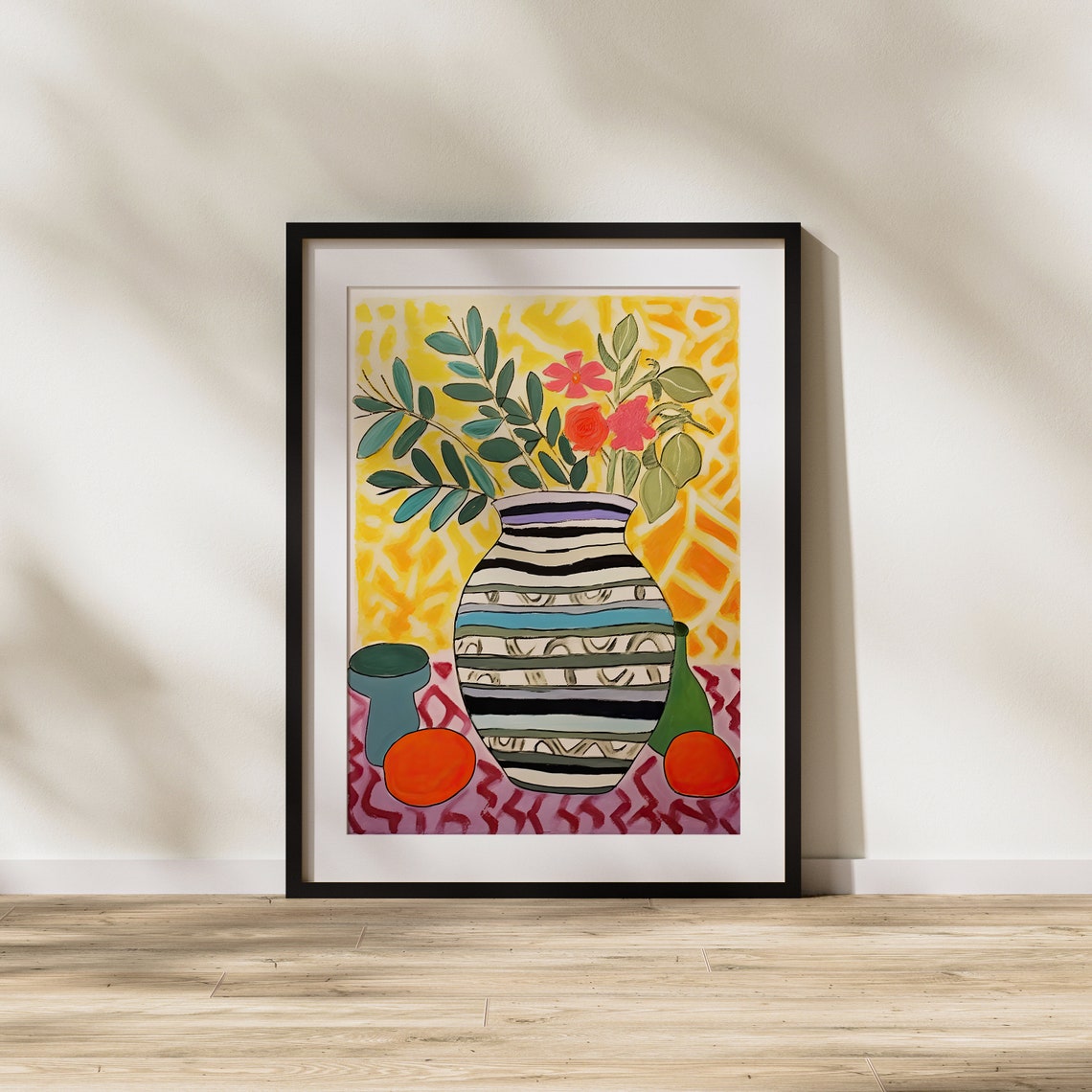 Striped Vase with Flowers on Yellow Patterned Background Poster - Image 2