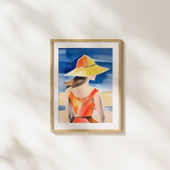 Woman in Yellow Sun Hat Gazing at the Ocean Watercolor Poster