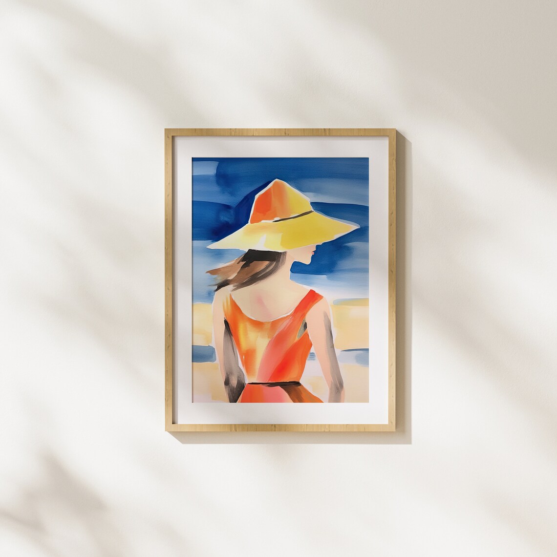 Woman in Yellow Sun Hat Gazing at the Ocean Watercolor Poster