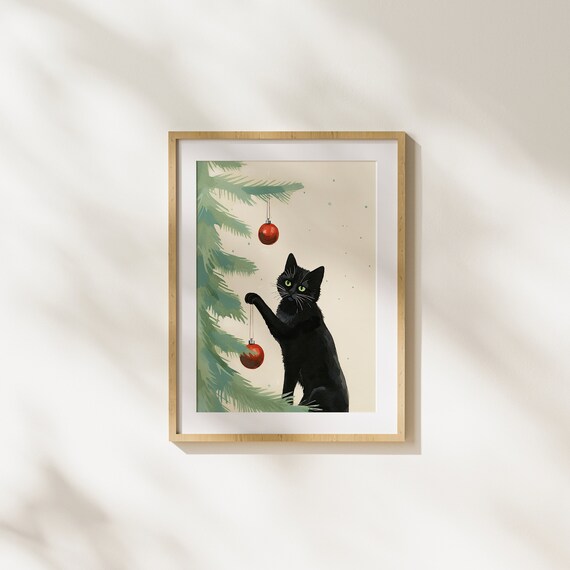 Watercolor Black Cat Playing With Red Ornaments Cream Background Poster