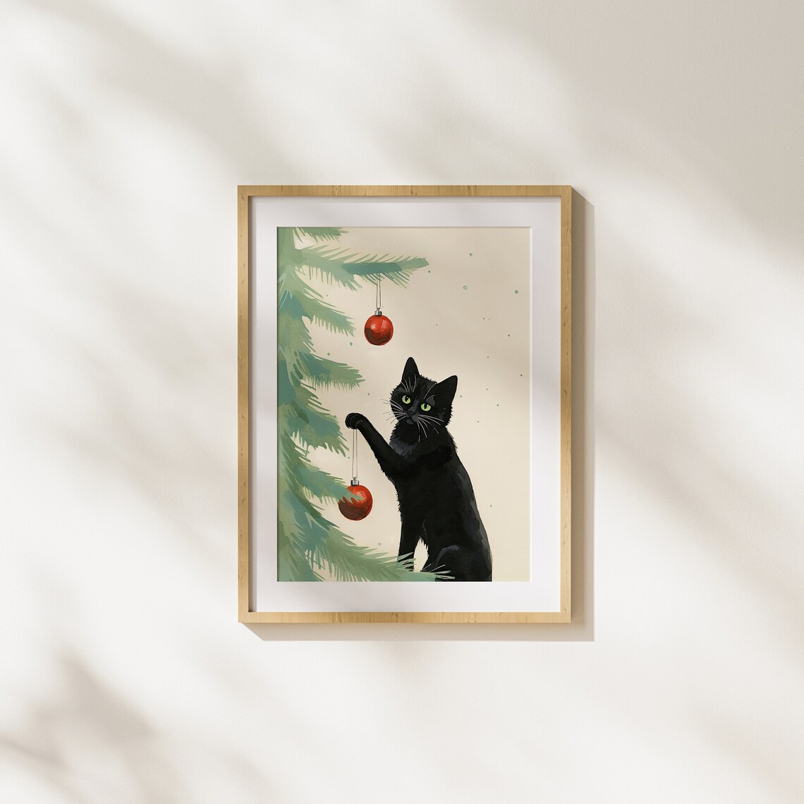 Watercolor Black Cat Playing With Red Ornaments Cream Background Poster