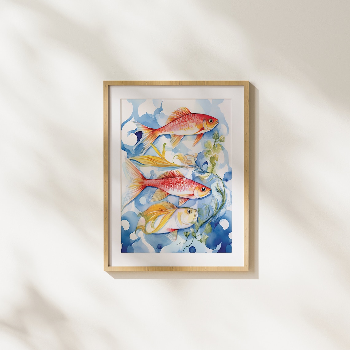 Three Red Goldfish in Blue Water Whimsical Watercolor Fish Art Poster