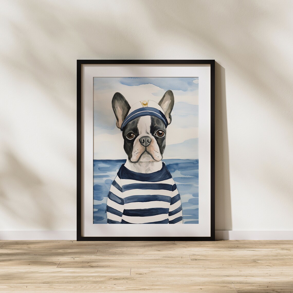 French Bulldog Sailor in Striped Sweater Ocean Watercolor Art Poster - Image 3