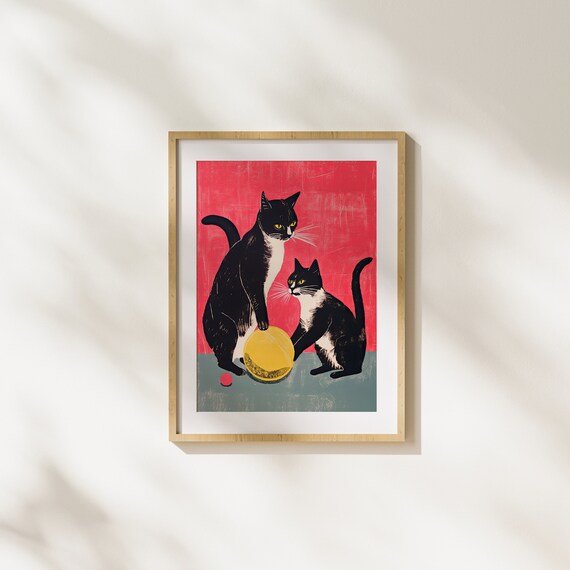 Two Black Cats With A Yellow Ball On Bold Red Retro Illustration Poster