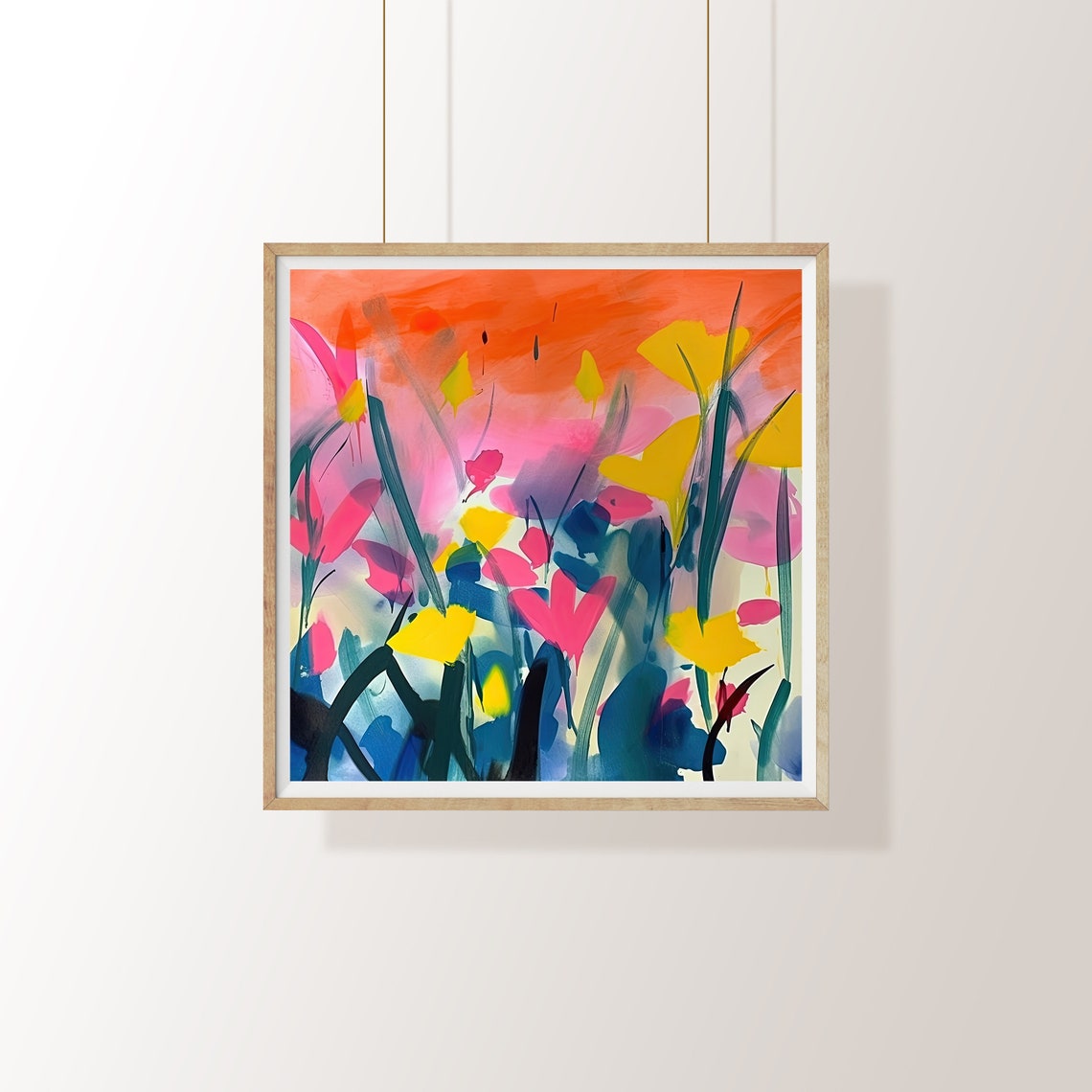 Bold Watercolor Wildflowers Blooming Under an Orange Sky Poster