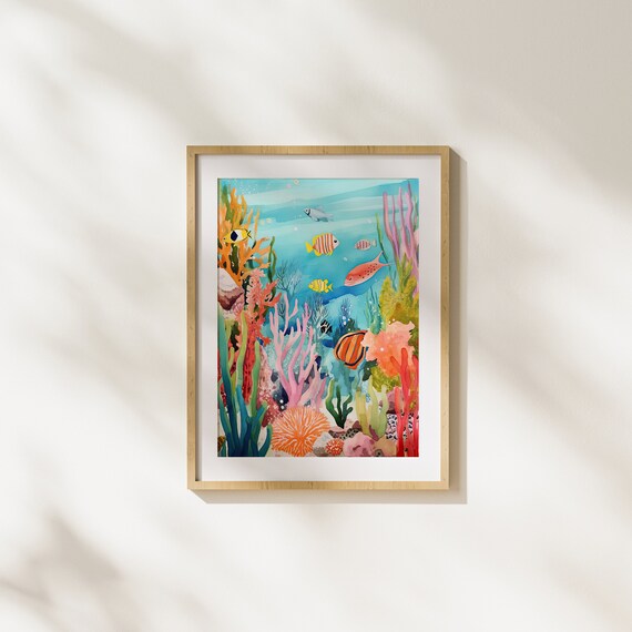 Coral Reef Watercolor Painting Colorful Fish Under The Sea Nature Animals Unique Modern Art Wall
