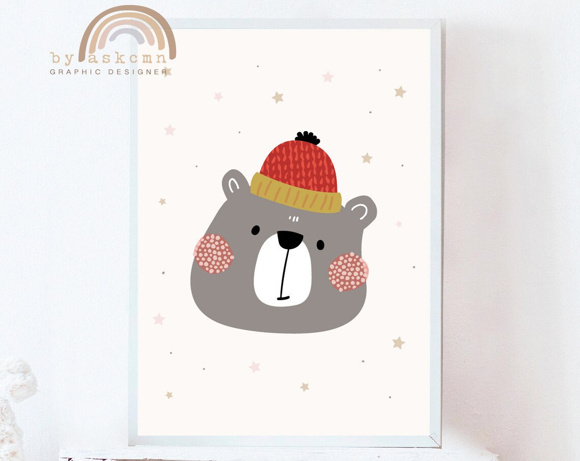 Cozy Gray Bear Red Beanie Winter Style Cute Nursery Animal Wall Decor Poster - Image 3