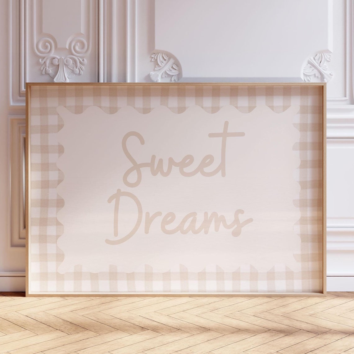 Sweet Dreams Beige Gingham Check Script Nursery Baby Wall Art