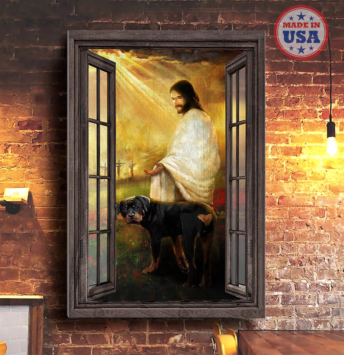 Jesus with a Rottweiler in a Golden Heavenly Window Scene Poster - Image 5