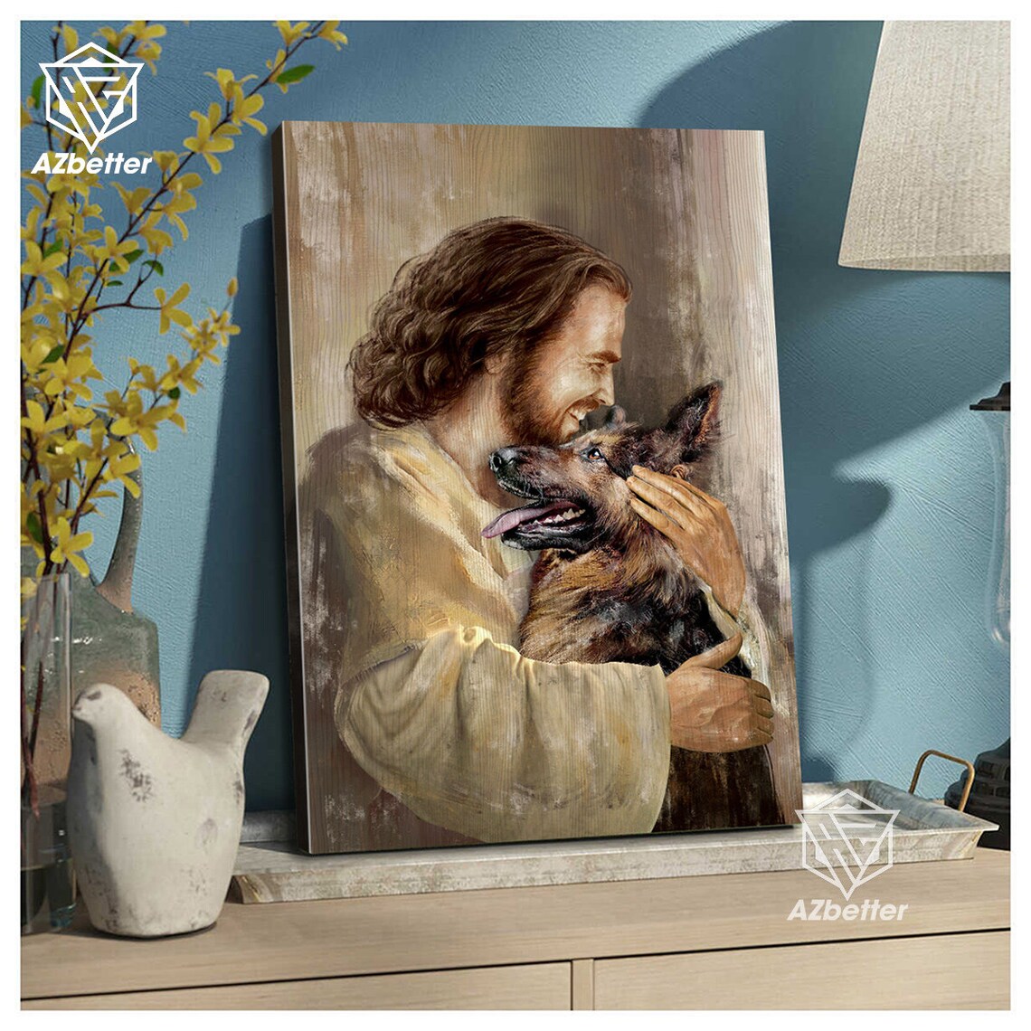 Jesus Hugging German Shepherd Embrace Love Comfort Christian Dog Poster - Image 4
