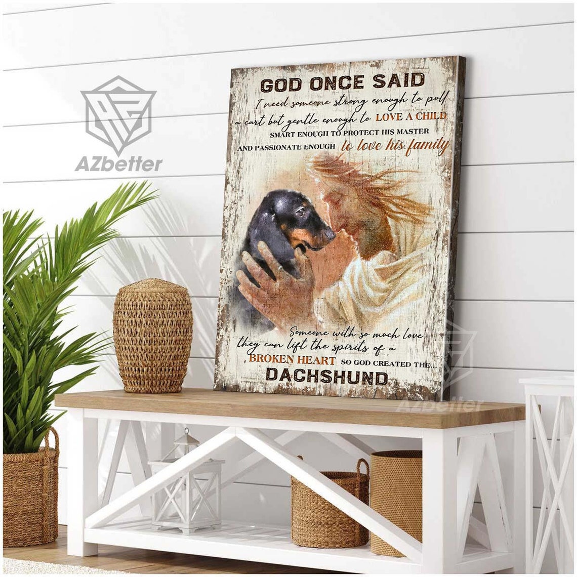 So God Created the Dachshund Quote with Jesus Holding a Puppy Poster - Image 4
