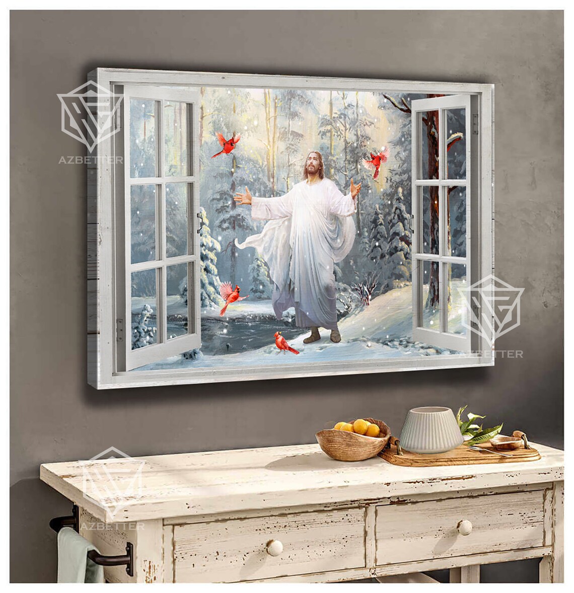 Jesus in Winter Snow Forest Window With Red Cardinals Poster - Image 5