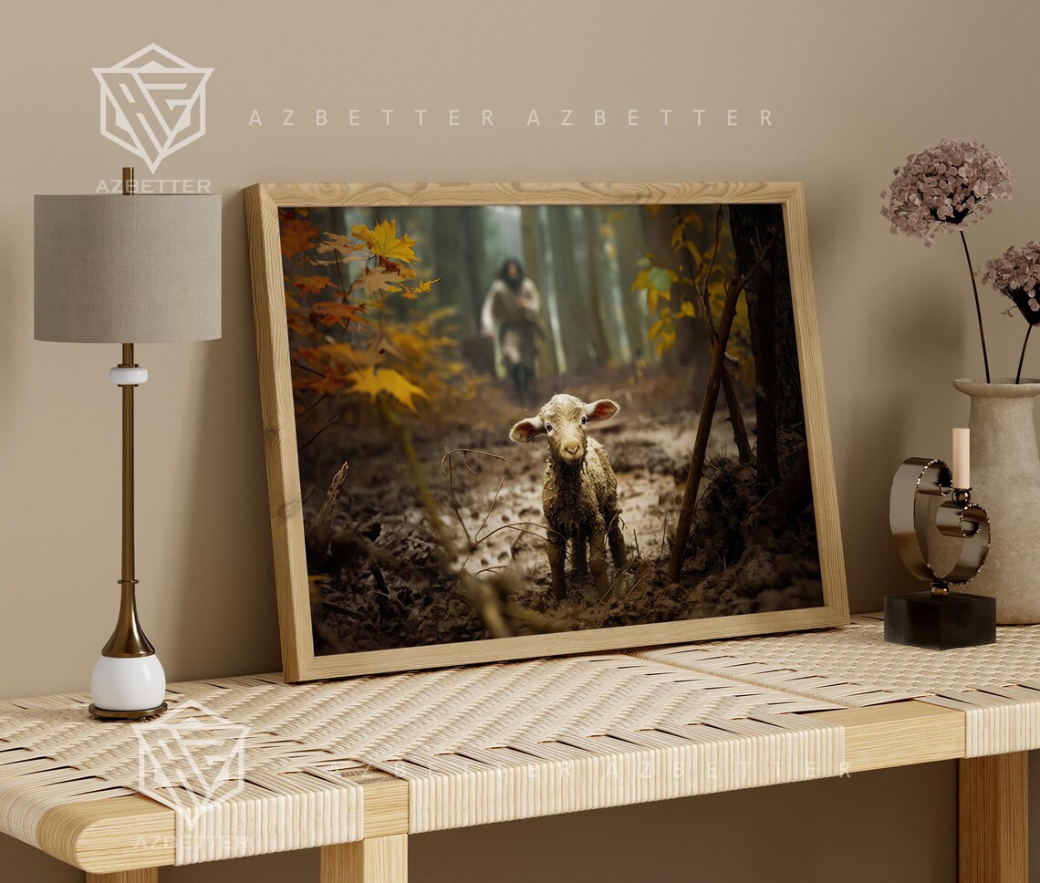Lost Sheep Parable Jesus Running After Little Lamb Autumn Forest Poster - Image 2