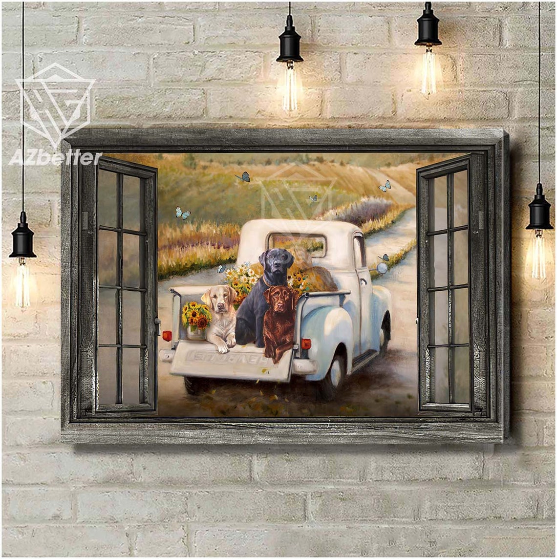Three Labradors in Vintage Pickup Truck Window View Art Poster - Image 5
