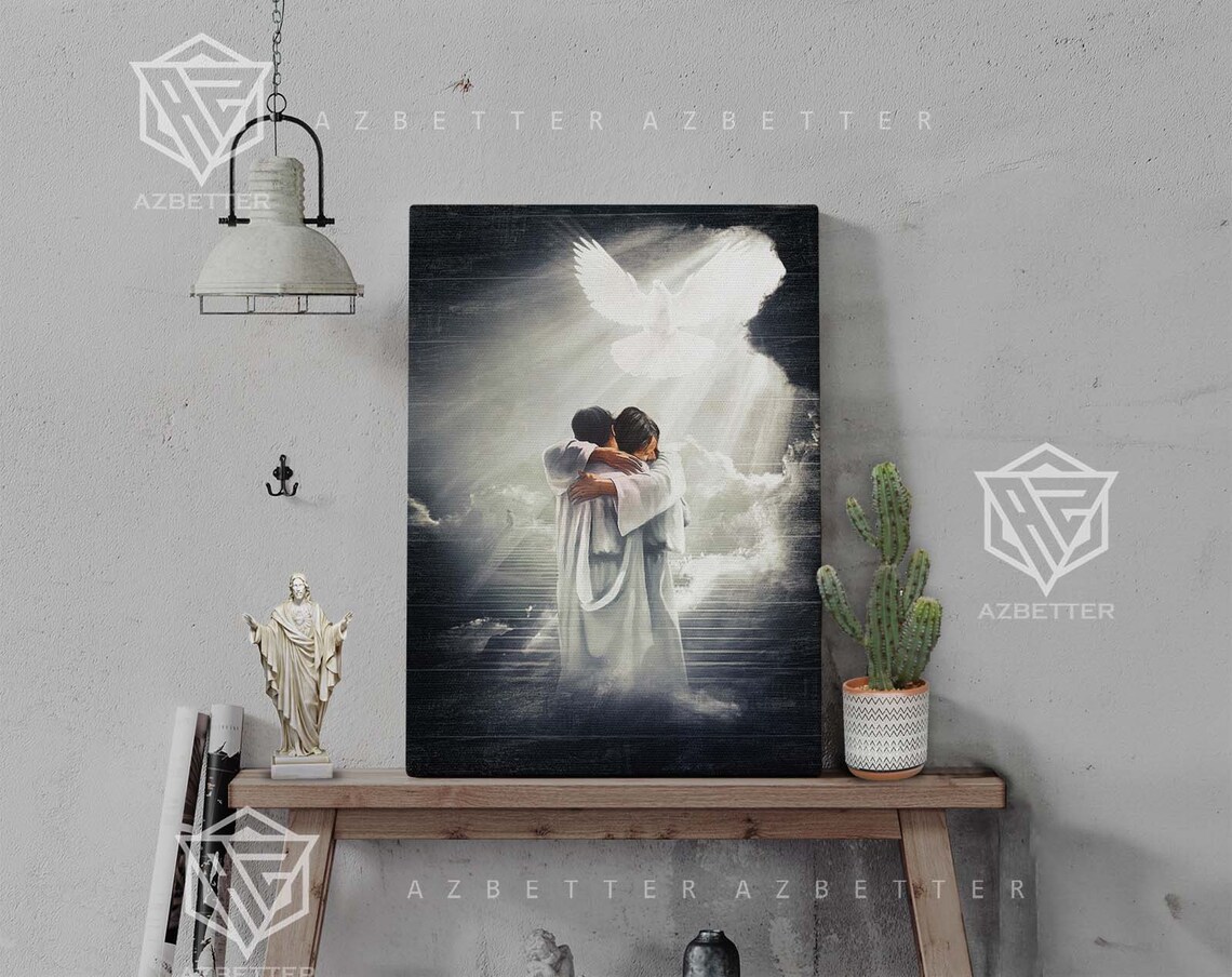Jesus Embracing Believer in Heaven Dove Descending Light Poster - Image 2