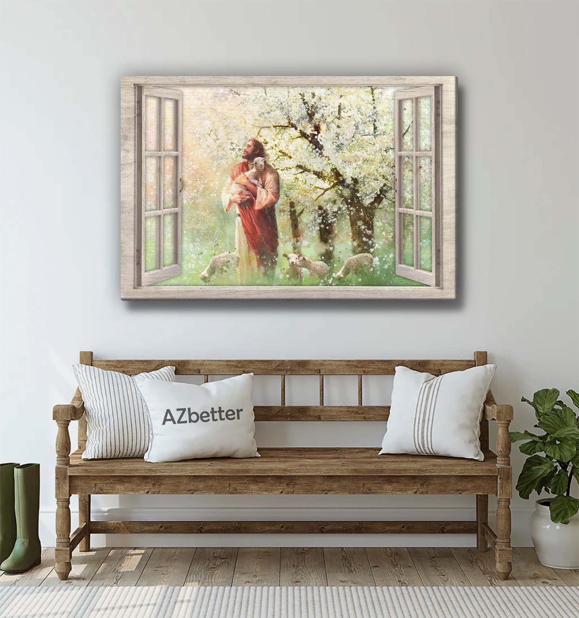 Jesus With Lamb In Blooming Orchard Open Window View Art Poster - Image 4