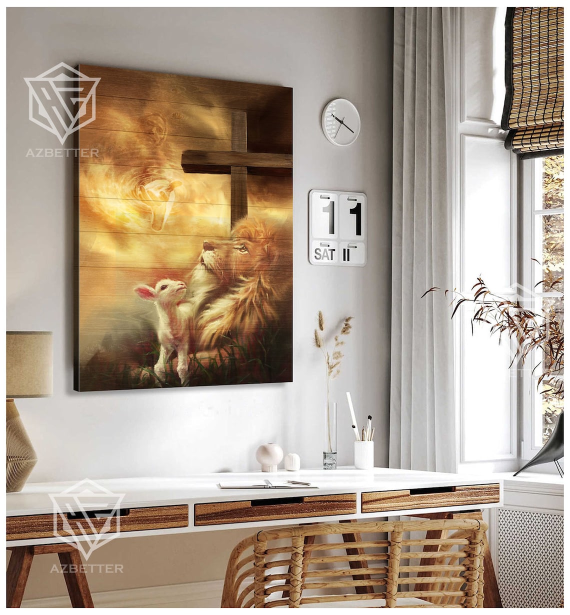 Lion And Lamb Resting Under Wooden Cross At Golden Sunset Poster - Image 5